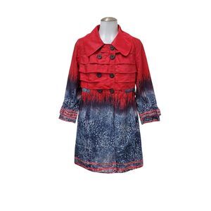 FRIULOS Coat M Red Blue Raincoat Layered Ruffled Overcoat Lined